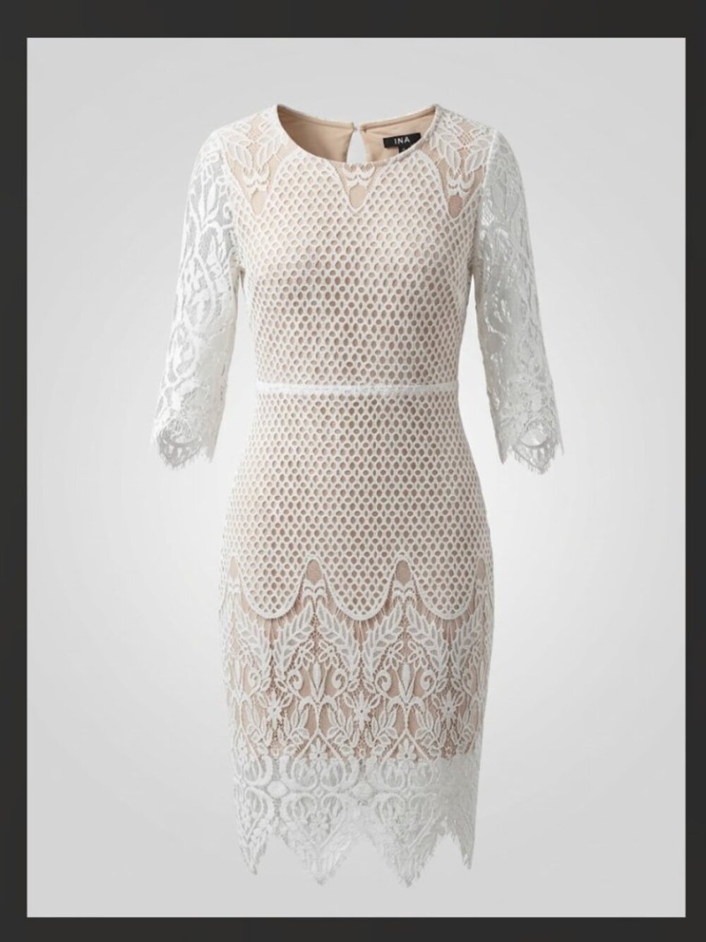 INA White Floral Lace 3/4 Sleeve Dress with Nude/Beige Lining (Size Large – Fits